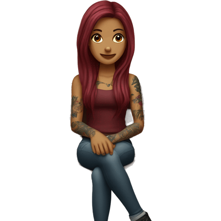 Beautiful tattooed burgundy long haired woman sitting on a bench emoji