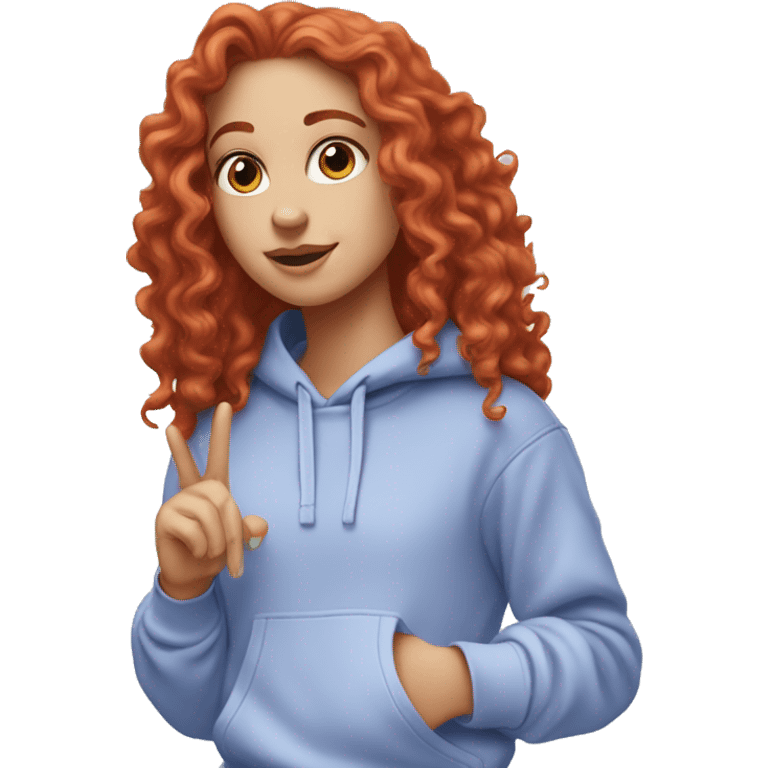 a white girl with long red curly hair, wearing a pastel periwinkle hoodie doing a pose emoji