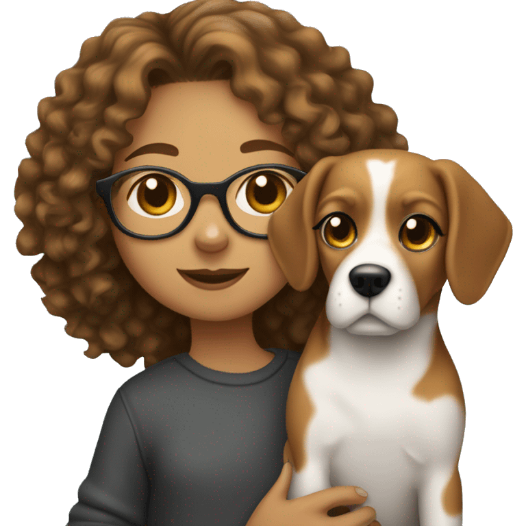 A curly-haired girl with glasses holds a beagle dog emoji