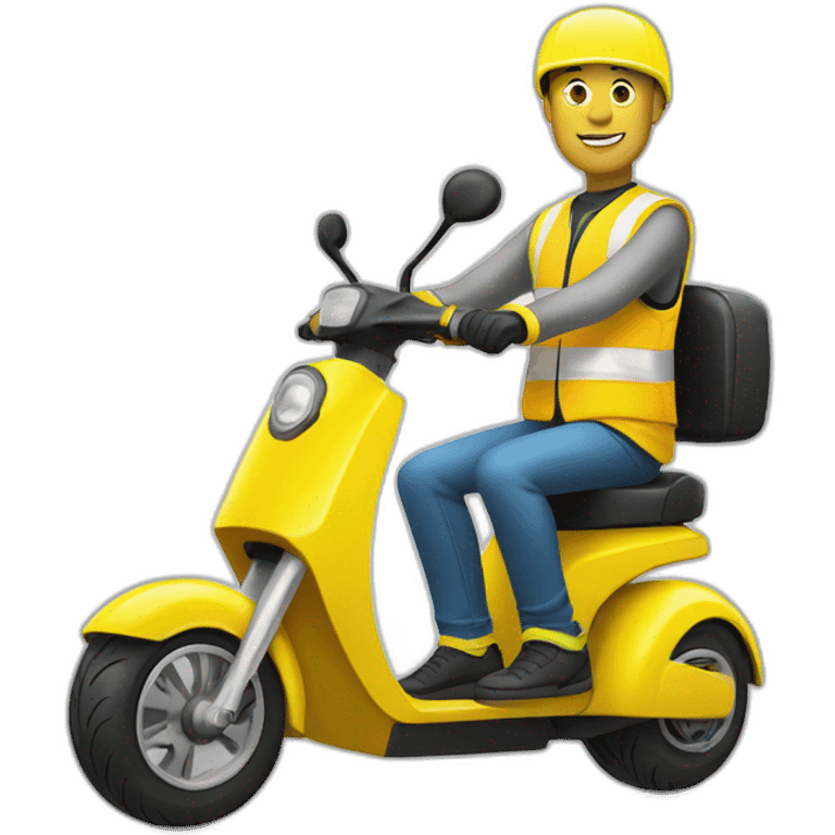 a bald man with a yellow safety vest and a yellow bicycle helmet on a electric scooter emoji