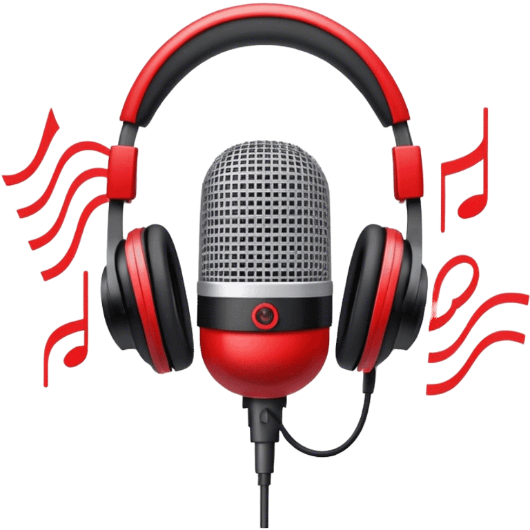 Create a dynamic and energetic emoji that represents beatboxing. The design should feature a stylized microphone with sound waves emanating from it, symbolizing vocal percussion and rhythm. Add elements like headphones or a subtle speaker to emphasize the music production aspect. Use bold colors like black, white, and red to convey the intensity and creativity of beatboxing. The background should be transparent. emoji