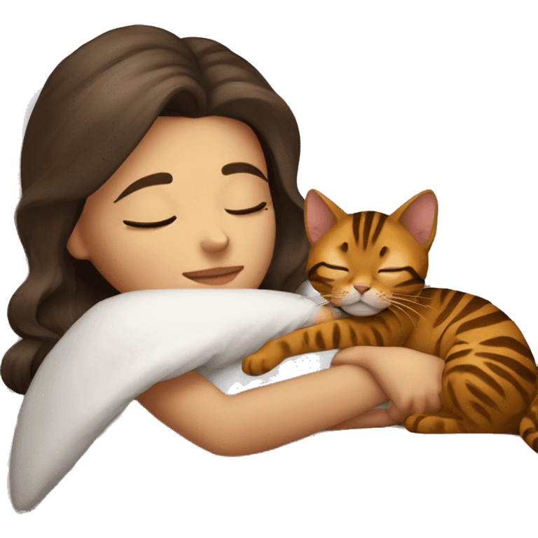 brunette girl sleeping with bengal cat emoji