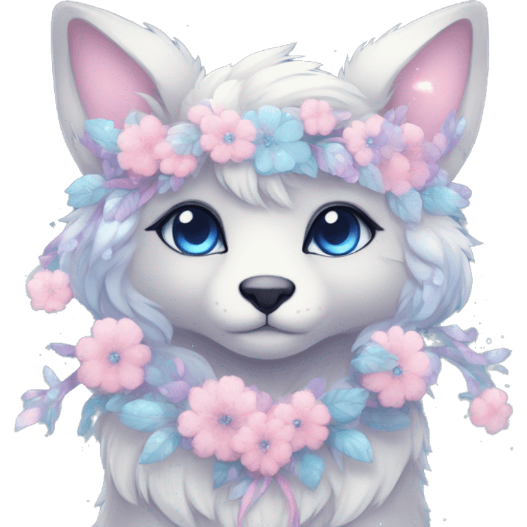 Anthro Cute Cool Pastel Kawaii gorgeous sparkly ethereal fantasy animal creature with blue eyes furry sona with flowers and ribbons beautiful aesthetic emoji