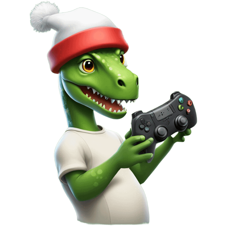 Dinosaur playing Fortnite with a Santa hat ￼ emoji