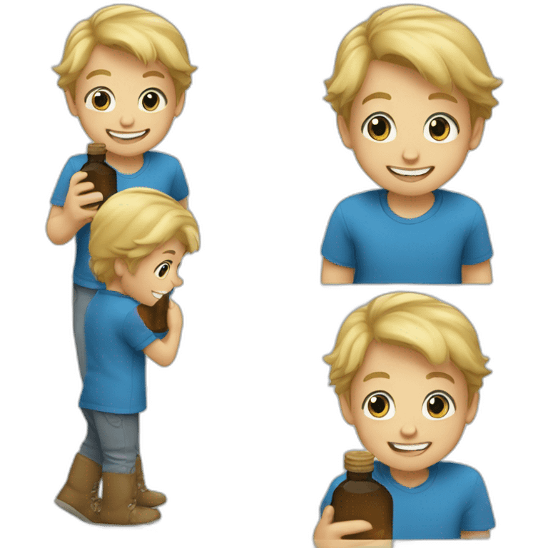 little blond kid wearing a blue shirt holding a brown glass bottle and smiling emoji