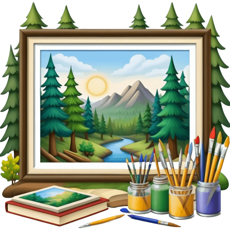 forest where trees a painting brushes, paints, pencils, books emoji