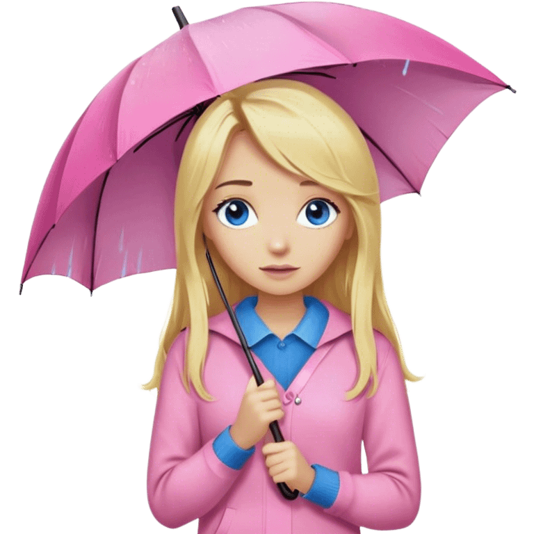 Cinematic realistic emojis in the form of a blonde girl with long hair and blue eyes, dressed in a pink sweater and jeans, holding an umbrella above her, on which rain is dripping emoji