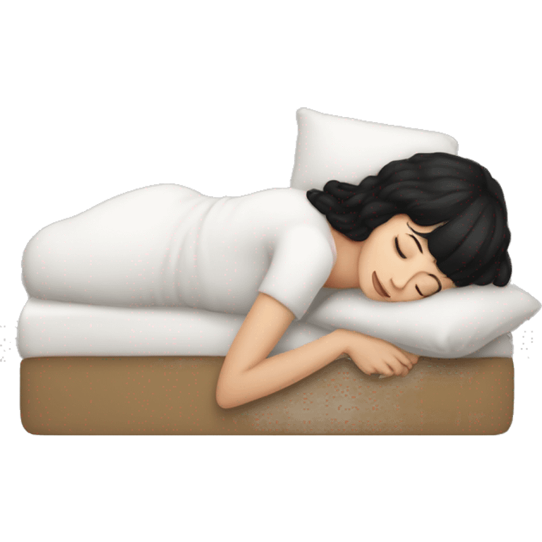 Woman pale skin black hair with bangs sleeping in bed with pillow, white woman emoji