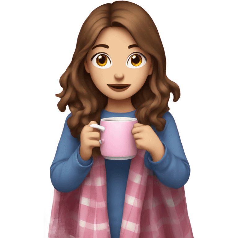 Girl with brown hair and blue eyes sipping on a tea wrapped in a pink plaid blanket  emoji