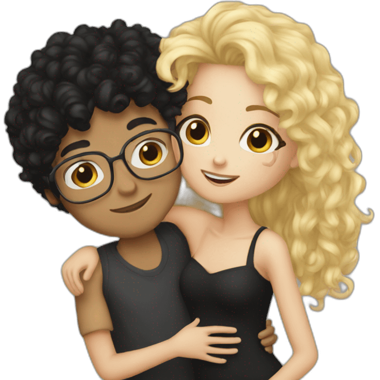 Boy curly blonde hair glasses kissing girl black hair emoji