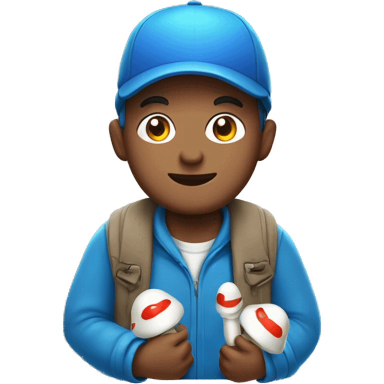 Mr.cute wearing a blue cap carrying mushroom capsules emoji