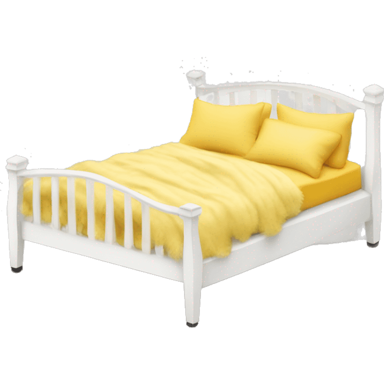 white bed frame with Cozy, messy, fluffy bed yellow blanket emoji