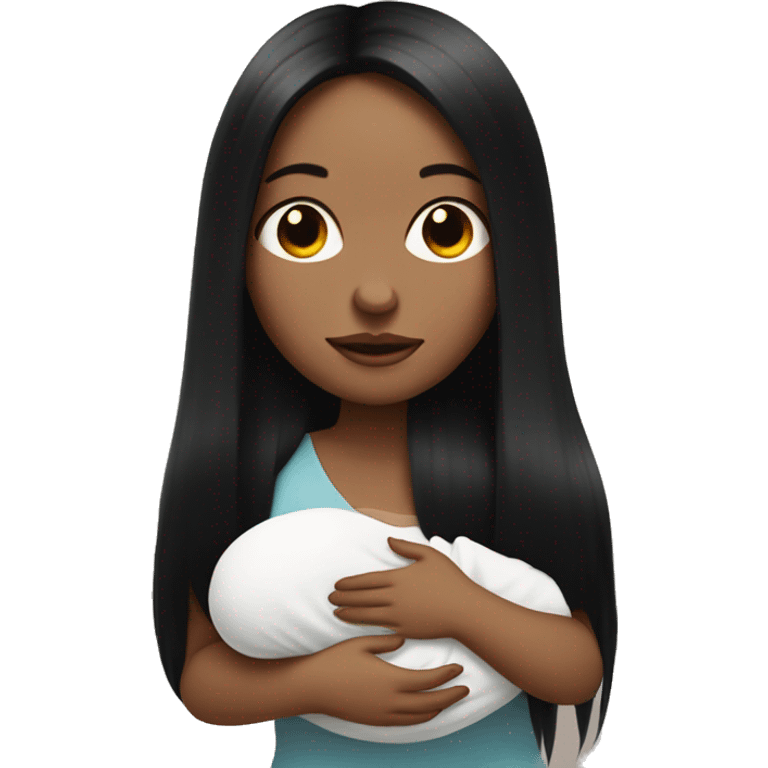 Pale girl with long black hair is holding a pale newborn baby emoji