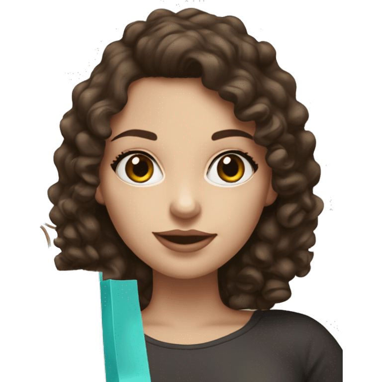 White skinned girl with dark brown curly hair and long lashes with shopping bag emoji