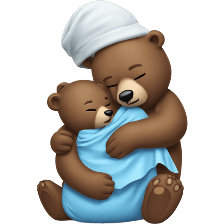 mama bear cradles her sick bear cub. she is holding her cub in her arms as he winces with an ice pack on his head emoji