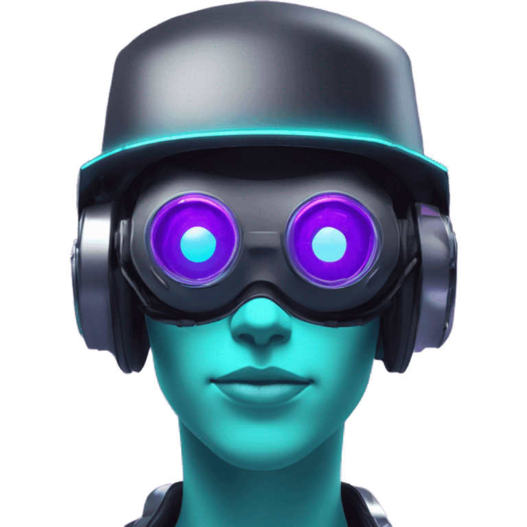 Secret humanoid agent in a futuristic hat with in Apple VR goggles headset code display on the goggles , cyberpunk, cyan and purple colors, only upper body portrait, front facing the camera  emoji