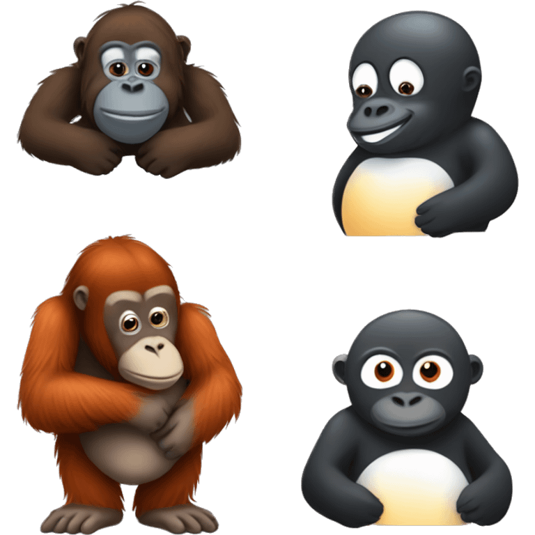 One orangutan, one penguin, one gorilla all hugging emoji