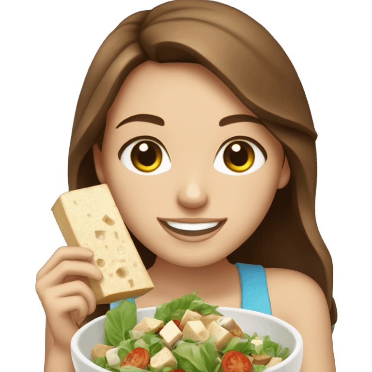 White girl Brown hair blue eyes freackles eating Tofu salad emoji