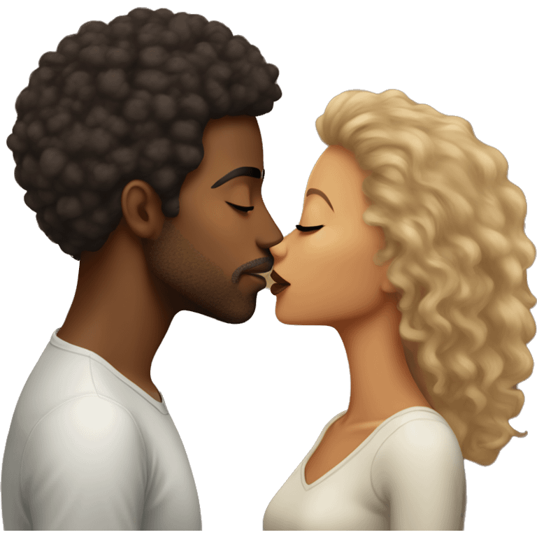 Girl with dark hair and tan skin kissing lightskin Ethiopian guy with Afro  emoji