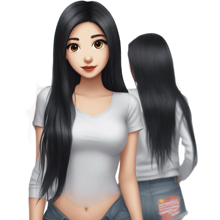 girl, long black hair, kpop idol, standing, beautiful girl, very hot girl, russian american emoji