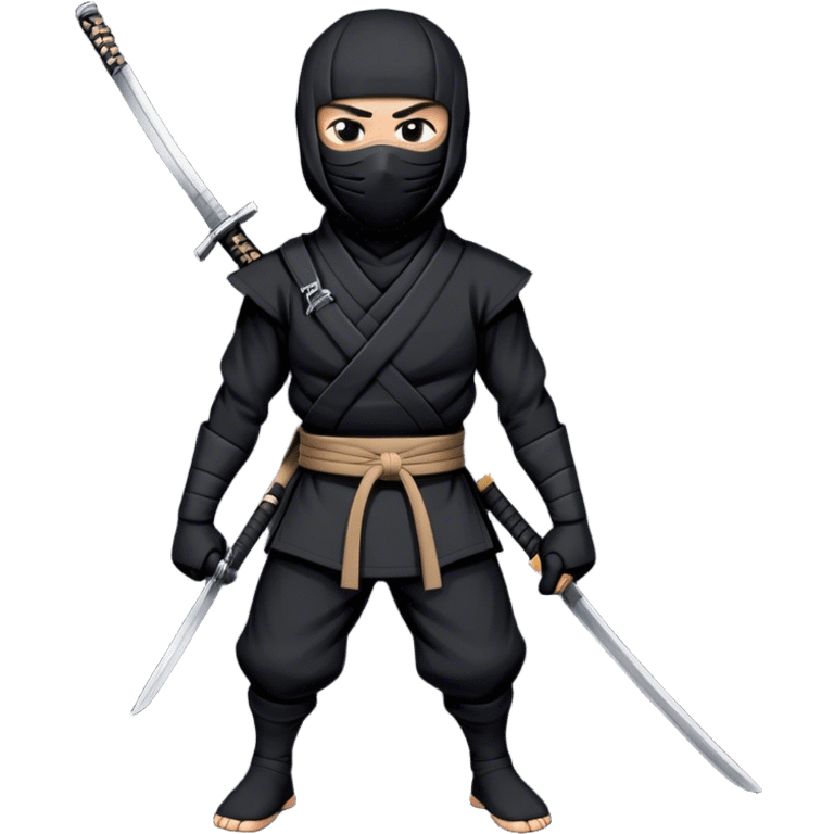  A emoji cartoon-style digital illustration of a ninja dressed in a half black outfit with a face mask, leaving only the eyes visible. The ninja has a serious and focused expression. A katana sword is strapped to their back, with the handle visible over one shoulder. The background is plain white emoji