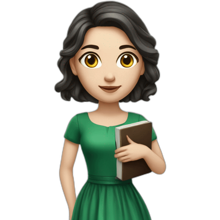 the marketer is a smart beautiful 30-year-old girl with long dark hair in a green formal dress with brown eyes with a book in her hands with a marble skin realistic emoji