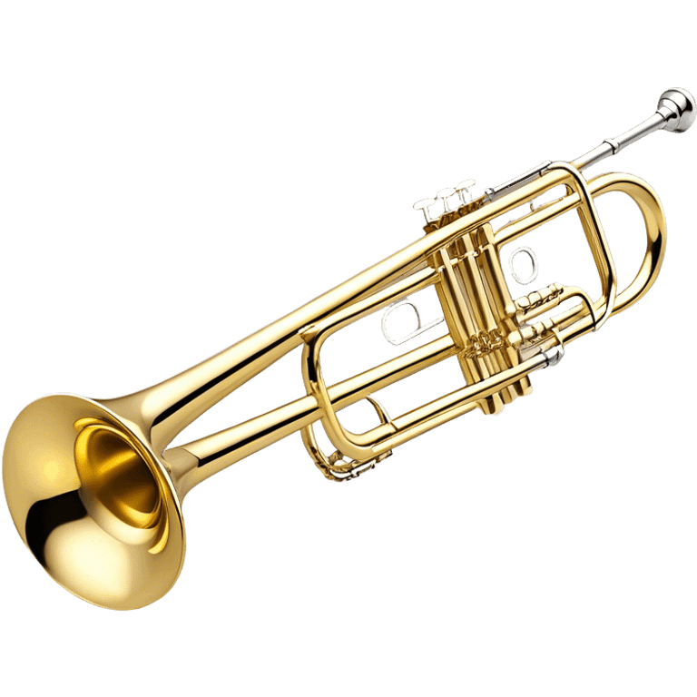 Create an elegant and detailed emoji representing the Bach Bb/F tenor trombone. The design should feature the smooth, shiny brass body of the trombone, showcasing its large, flared bell and curved tubing. Highlight the tuning slide with its polished metal finish, and the mouthpiece should be clearly visible. The trombone’s surface should have a gleaming brass tone with subtle silver accents around the mouthpiece and slide. Add a few musical notes or soundwaves emanating from the bell to emphasize the powerful sound of the trombone. Use golden and brass tones with reflective light effects to enhance the trombone’s professional and high-quality appearance. The background should be transparent. emoji