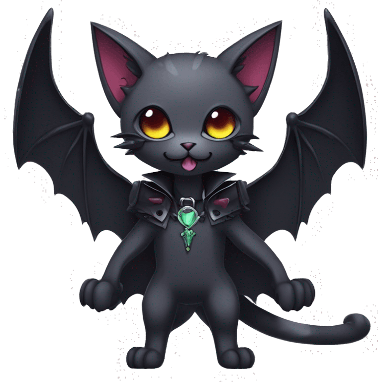   cool edgy kawaii anime-style ethereal dark-punk-themed animal vampiric cat-hybrid Fakemon with fangs and bat-wing-ears with a collar full body emoji