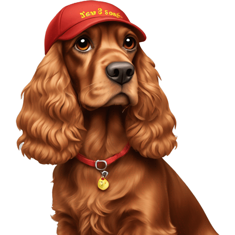 A full-length, adult, red cocker spaniel in a New Year's cap emoji