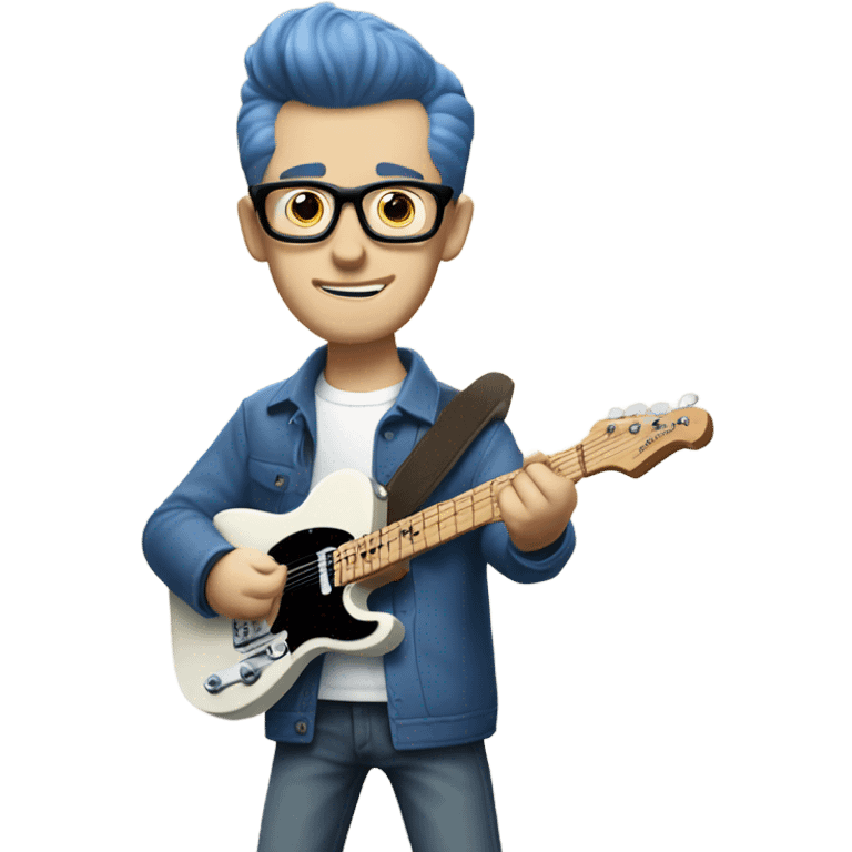 A nerdy white guy with glasses with short brown hair with a small quiff playing a blue classic telescaster emoji