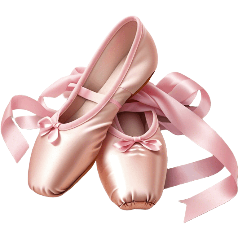 Cinematic Realistic Ballet Shoes, soft satin pink pointe shoes with delicate ribbons, resting gently on a polished wooden floor, subtle creases in the fabric, glowing under the warm golden light of a rehearsal studio, evoking elegance and grace. emoji