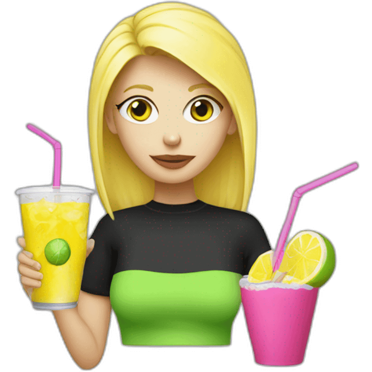 crazy blonde girl straw drinking pink lemonade with one green lemon in the cup, with black watch black tshirt emoji