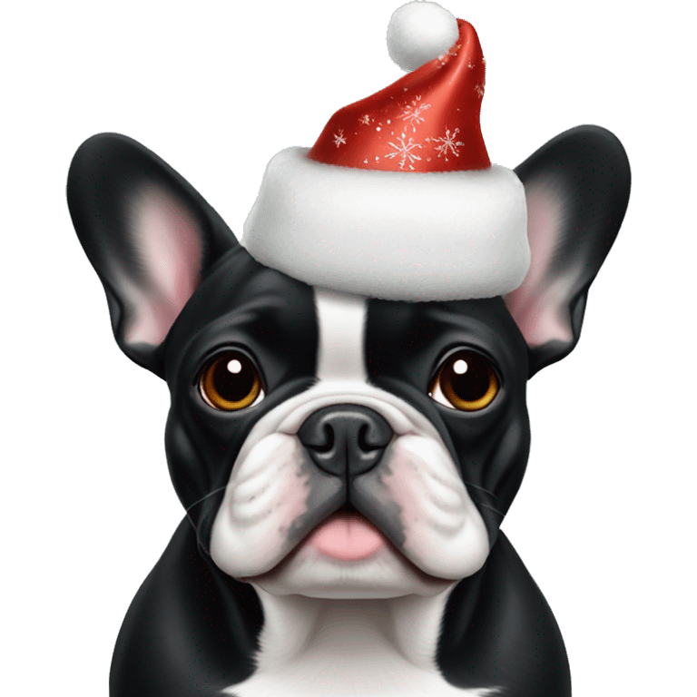 an all-black French bulldog with a white breast in a festive hat emoji