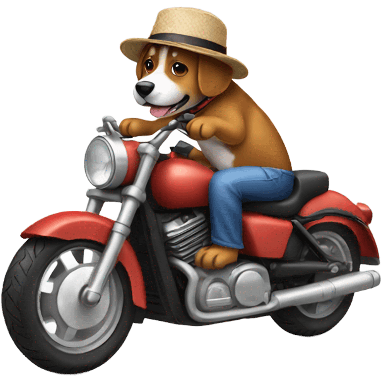 A dog wearing a hat riding a motorcycle emoji