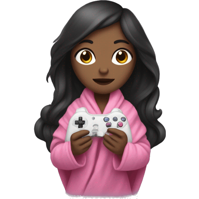 White girl with dark hair wrapped up in a blanket with a pink gaming controller in her hands emoji