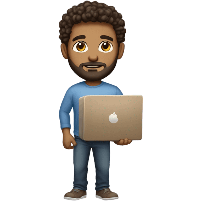 men carrying a computer in his hands. light brown skin men with curly dark brown hair, brown eyes, little grown beard. imposing, bit muscular build. dressed casual. emoji