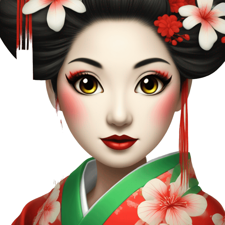 Geisha. kimono rojo. ojos verdes. ceremonia del té  emoji