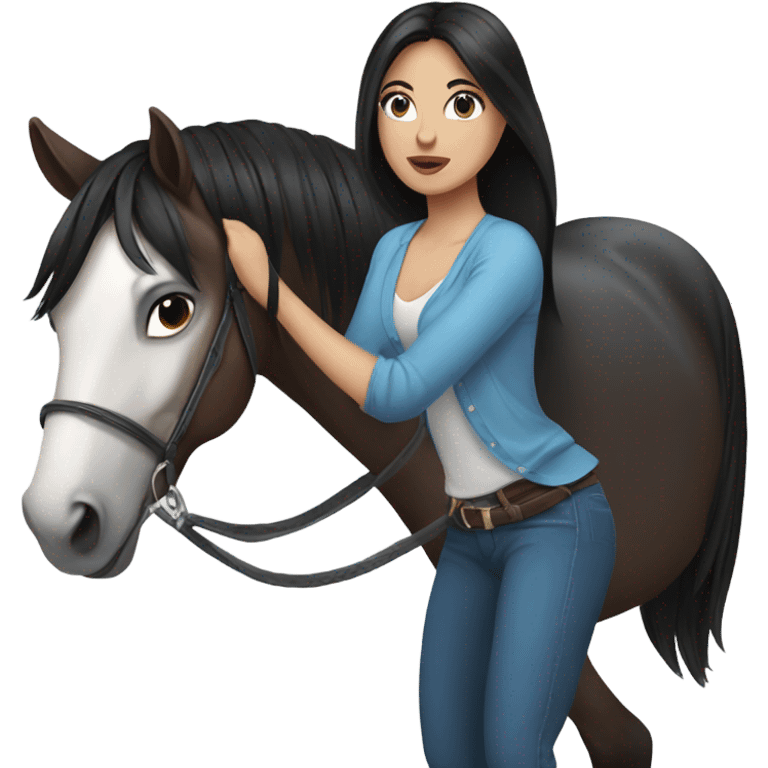 brunette with blue eyes and long black straight hair lunging horse  emoji