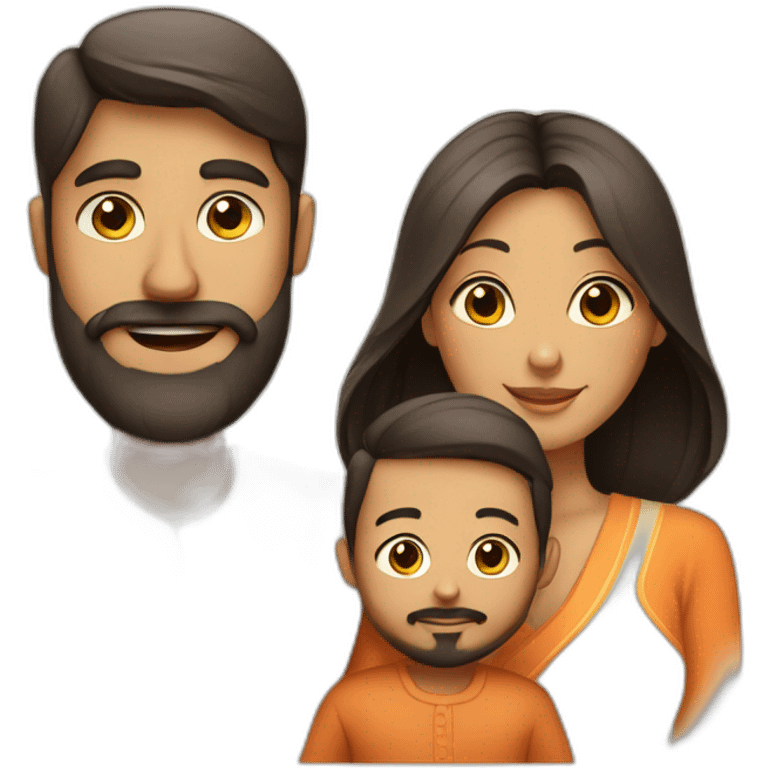 A family with Indian dad with beard and Chinese wife and light tanned baby emoji