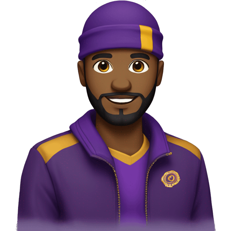 Omega psi phi man wearing a purple and gold letter man jacket a black durag in his head brown skinned black full beard and attractive  emoji