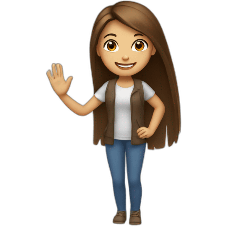 Girl with brown, long and straight hair smiling kindly and waving with the left hand emoji