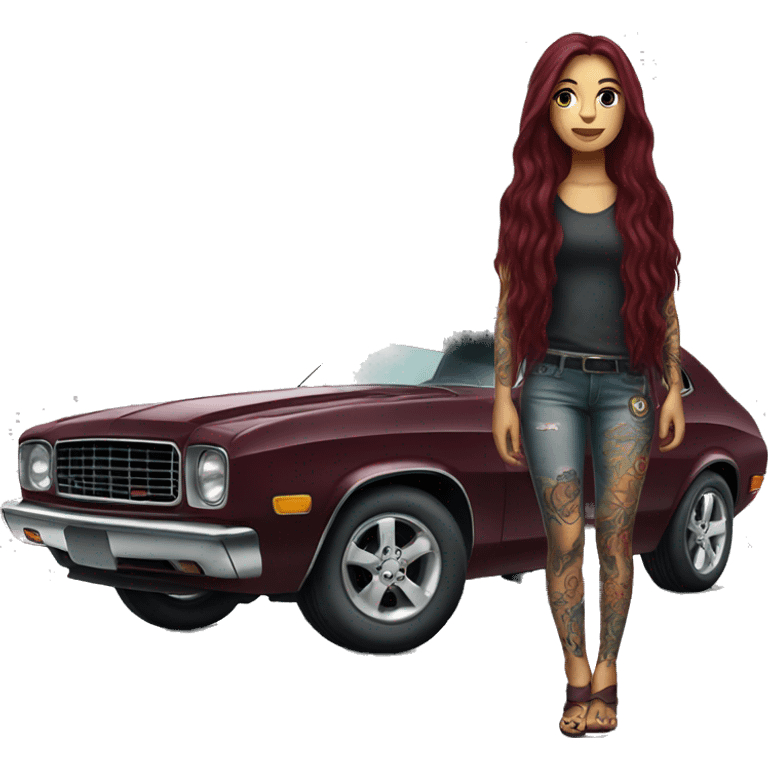 Beautiful tattooed burgundy long haired woman standing next to a car emoji