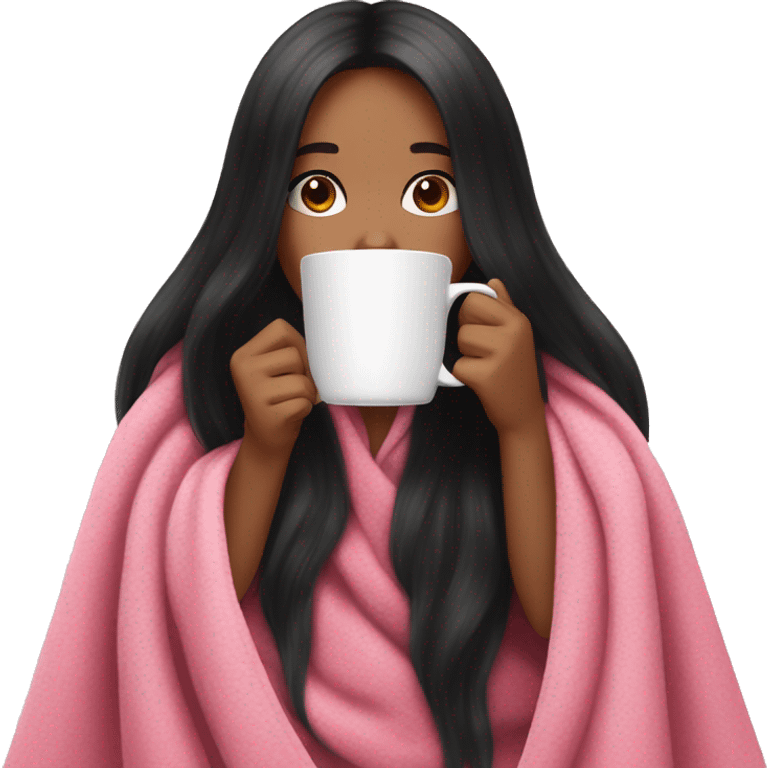 very long black hair pretty girl in a pink blanket sipping coffee emoji