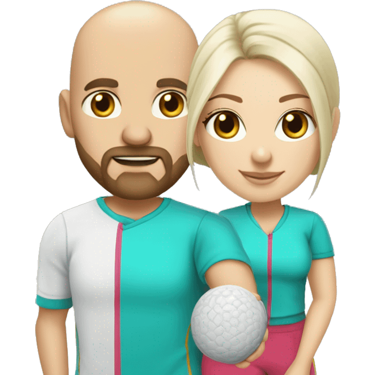 Same image but White couple. Male bald with beard. Aqua eyes. Woman long blonde brown highlight hair. 35. Aqua eyes. In pickleball clothes  emoji