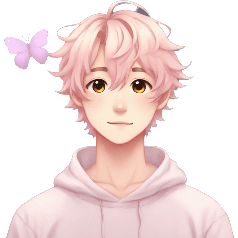 Gorgeous pastel anime style shojo man with blushing face and butterflies aesthetic and pretty hair trending style emoji