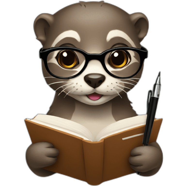 female Otter with round glasses holding a couple journals and a pen emoji