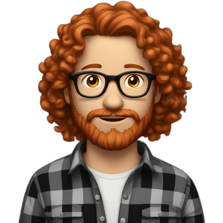 man. around 25. redhead. curly hair. with beard and glasses. black and scarlet checked shirt emoji