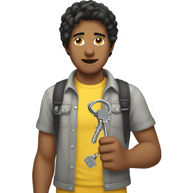 a man with black hair in yellow t-shirt with keys in a hand emoji