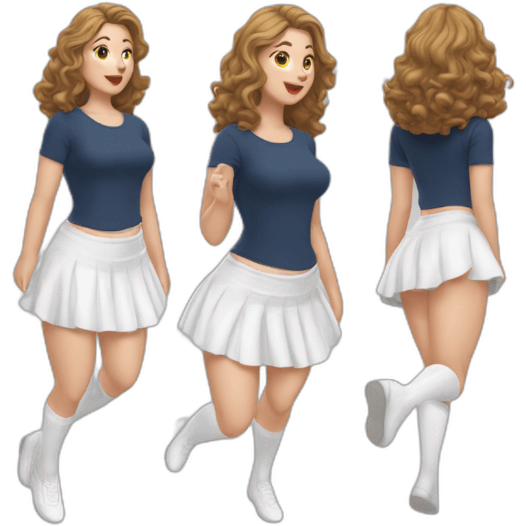 Hyperrealistic Full body Caucasian curvy beauty jumping short white skirt back and front views strong wind knickers long white socks emoji