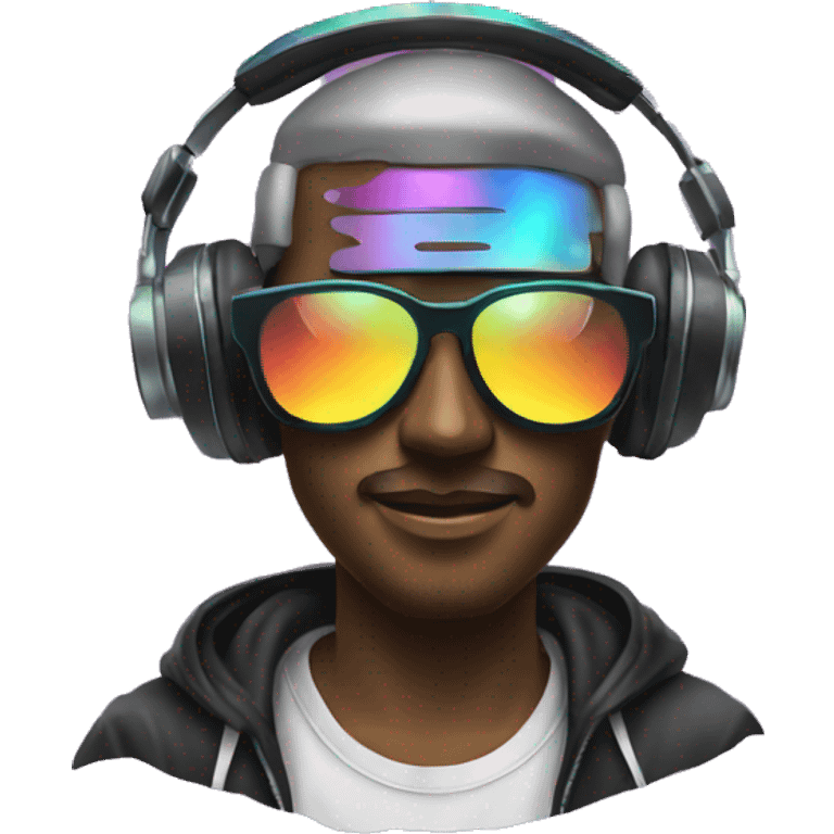 A dj wearing sunglasses playing music, record, vinyl, oilslick holographic emoji